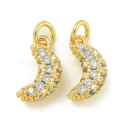 Rack Plating Brass Micro Pave Clear Cubic Zirconia Charms, with Jump Ring, Long-Lasting Plated, Lead Free & Cadmium Free, Real 18K Gold Plated, Moon, 12.5x6.5x4.5mm, Hole: 3.5mm(KK-Z067-23G-08)