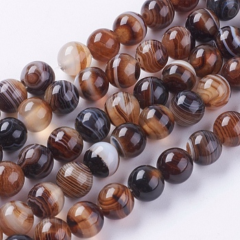 Round Dyed Natural Striped Agate/Banded Agate Beads Strands, Camel, 8mm, Hole: 1mm, about 48pcs/strand, 15.2 inch