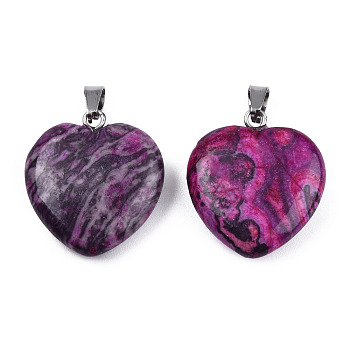 Natural Map Stone Pendants, with Stainless Steel Color Tone Stainless Steel Snap On Bails, Heart Charm, Dyed & Heated, Medium Violet Red, 22~22.5x20~20.5x6mm, Hole: 2.5x5mm