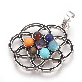 Natural & Synthetic Gemstone Pendants, with Alloy Findings, Flower, Chakra, Antique Silver, 36x30x5mm, Hole: 5x8mm
