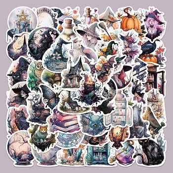 50Pcs Halloween Witch Theme PVC Self-adhesive Cartoon Stickers, Waterproof Decals for Suitcase, Skateboard, Refrigerator, Helmet, Mobile Phone Shell, Witch, 50x40mm