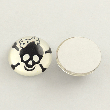 Skull and Crossbones Pattern Printed Glass Half Round Cabochons, Nautical Cabochons, Black, 25x11mm