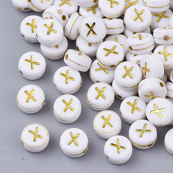 Plating Acrylic Beads, Golden Metal Enlaced, Horizontal Hole, Flat Round with Alphabet, White, Letter.X, 7x3.5mm, Hole: 1.2mm, about 360pcs/50g