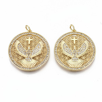 Brass Micro Pave Clear Cubic Zirconia Pendants, with Jump Rings, Nickel Free, Flat Round with Eagle & Cross, Real 16K Gold Plated, 23.5x25.5x2mm, Jump Ring: 5x0.8mm, 3.4mm inner diameter