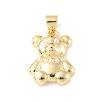 Brass Pendants, with Plastic Pearl Bead, Long-Lasting Plated, Cadmium Free & Lead Free, Bear Charms, Real 18K Gold Plated, 18.5x14x8.5mm, Hole: 4x3mm