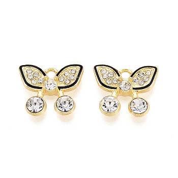 Alloy Rhinestone Pendants, with Enamel, Butterfly Charms, Light Gold, 15x18x4mm, Hole: 2mm
