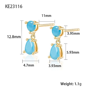 Cubic Zirconia Teardrop Dangle Stud Earrings, Golden 925 Sterling Silver Earrings, Deep Sky Blue, 12.8x3.93~4.7mm