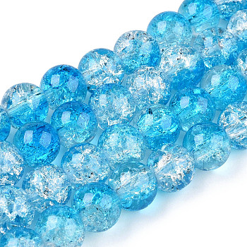 Baking Painted Crackle Glass Bead Strands, Two Tone, Round, Deep Sky Blue, 8mm, Hole: 1.3~1.6mm, about 100pcs/strand, 31.4 inch.