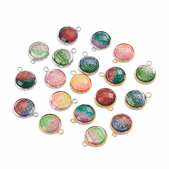 Printed Resin Pendants, with 304 Stainlesss Steel Settings, Half Round, Faceted, Sea Coral Pattern, Golden, Mixed Color, 19.5x16x4.5mm, Hole: 2.4mm