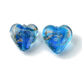 Handmade Gold Sand Lampwork Beads, Inner Flower, Heart, Dodger Blue, 21x20.5x13.5mm, Hole: 1.8mm