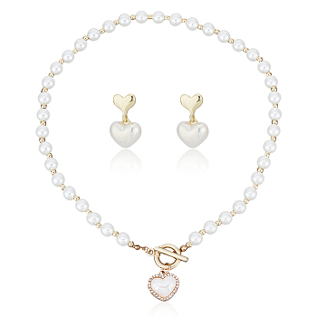 ABS Plastic Pearl Heart Pendant Necklace with Beaded Chains & Dangle Stud Earrings, Jewelry Set for Women, Golden, 17.72 inch(45cm), 13.5x15x7mm, pin: 0.7mm