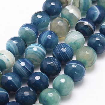 Faceted Natural Agate Beads Strands, Dyed, Round, Grade A, Blue, 12mm, Hole: 2mm, about 32pcs/strand, 15 inch