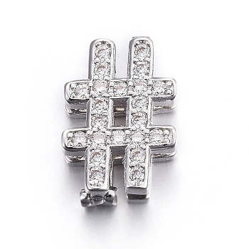 Brass Micro Pave Cubic Zirconia Slide Charms, Long-Lasting Plated, Cadmium Free & Nickel Free & Lead Free, # Shape, Clear, Real Platinum Plated, 16.5x11x5mm, Hole: 1.5x10.5mm