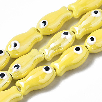 Handmade Porcelain Ceramic Beads Strands, Bright Glazed Porcelain, Fish, Yellow, 19x10x8mm, Hole: 1.5mm, about 17pcs/strand, 12.40 inch(31.5cm)