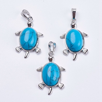 Synthetic Turquoise Pendants, with Brass Findings, Dyed, Tortoise, Platinum, 34x21x7mm, Hole: 5x7mm