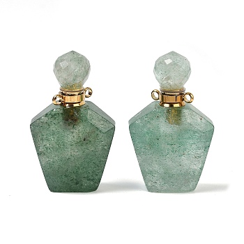 Natural Green Strawberry Quartz Openable Perfume Bottle Pendants, Faceted, with Golden Tone 304 Stainless Steel Findings, 37.5x22.5x11mm, Hole: 1.8mm