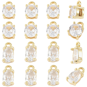 10Pcs 2 Styles Brass Micro Pave Clear Cubic Zirconia Charms, Flat Round & Oval, Real 18K Gold Plated, 7~8x4~5x3~4.5mm, Hole: 1mm, 5pcs/style