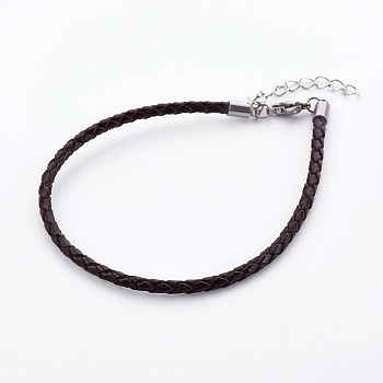 Braided Leather Cord Bracelet Making, with 304 Stainless Steel Lobster Claw Clasps and Extension Chain, Stainless Steel Color, Coconut Brown, 8-1/2 inch(21.5cm), 3mm