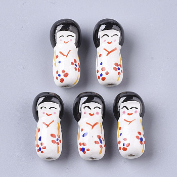 Handmade Porcelain Beads, Famille Rose Style, Japanese Kokeshi Doll Shape, White, 25.5~27.5x11.5~12.5x11.5~12.5mm, Hole: 1.6~2mm