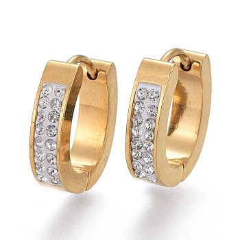 304 Stainless Steel Huggie Hoop Earrings, with Polymer Clay Rhinestone, Ring, Crystal, Golden, 16x14x4mm, Pin: 1mm