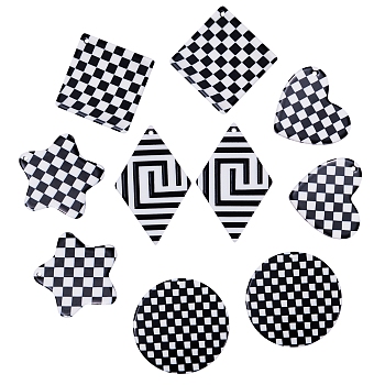 10Pcs 5 Style Opaque Cellulose Acetate(Resin) and Acrylic Pendants, Grid Pattern, Heart & Flat Round & Rhombus & Star, White, Black, 23.5~45x26.5~39.5x1.6~2.5mm, Hole: 1.4~3mm, 2pcs/style