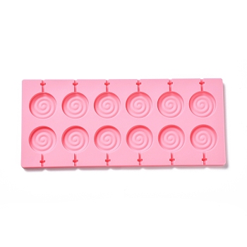 DIY Lollipop Making Food Grade Silicone Molds, Candy Molds, Flat Round with Spiral, 12 Cavities, Pink, 115x264x8mm, Inner Diameter: 36mm, Fit for 3mm Stick