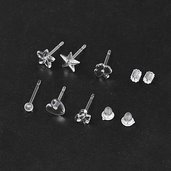 60Pcs 6 Style Star & Shamrock & Bell & Flower & Butterfly & Heart Resin Stud Earring Findings, with 200Pcs Plastic Ear Nuts, Clear, 5~14x4~14mm, Pin: 0.8mm, 10Pcs/style