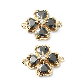 Brass Pave Clear Cubic Zirconia Connector Charms, Clover Links, Real 18K Gold Plated, Black, 18.5~19x14.5~15x6mm, Hole: 1.2~1.5mm