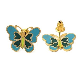 304 Stainless Steel Stud Earrings, with Enamel, Jewely for Women, Butterfly, Blue, Real 18K Gold Plated, 13.5x18mm