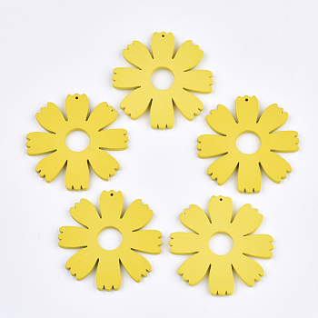 Painted Wooden Pendants, Flower, Yellow, 49.5x49x3mm, Hole: 1mm