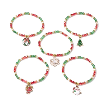 5Pcs 5 Styles Electroplate Glass Beaded Stretch Bracelet Sets, Christmas Tree & Snowflake Alloy Enamel Charm Stackable Bracelets for Women, Mixed Color, Inner Diameter: 2-1/2 inch(6.2cm), 1pc/style