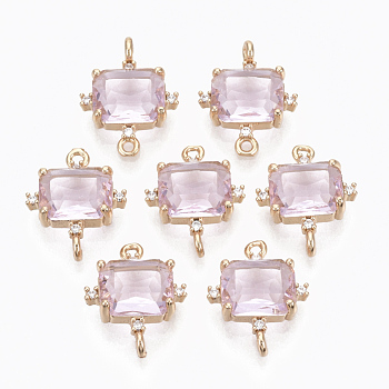 Glass Links connectors, with Brass Micro Pave Cubic Zirconia, Faceted, Cuboid, Light Gold, Pink, 17.5x14x5.5mm, Hole: 1.2mm