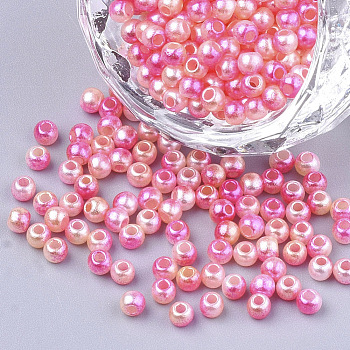 Rainbow ABS Plastic Imitation Pearl Beads, Gradient Mermaid Pearl Beads, Round, Hot Pink, 11.5~12x11~11.5mm, Hole: 2mm, about 560pcs/500g