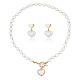 ABS Plastic Pearl Heart Pendant Necklace with Beaded Chains & Dangle Stud Earrings(SJEW-AN0001-18)-1