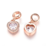 Brass Micro Pave Cubic Zirconia European Dangle Charms, Large Hole Pendants, Heart, Clear, Rose Gold, 22mm, Hole: 5mm(ZIRC-E163-18RG)