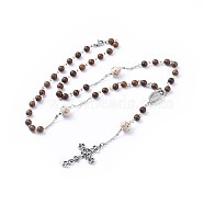 Tibetan Style Alloy Rosary Bead Necklaces, with Wood Beads and 304 Stainless Steel Rolo Chains, Antique Silver & Stainless Steel Color, 23.6 inch(60cm)(NJEW-JN02455-01)