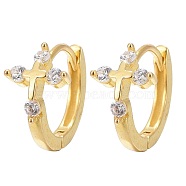 925 Sterling Silver Hoop Earrings, with Micro Pave Cubic Zirconia, Cross, Clear, Golden, 11mm, Pin: 0.7mm(STER-G031-04G)