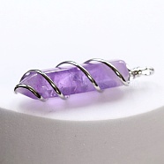 Natural Amethyst Copper Wire Wrapped Pointed Pendants, Faceted Bullet Charms, Platinum, 45x10mm(FIND-PW0015-23P-01)