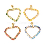 Brass Pendants, with Glass Beads and Lobster Claw Clasps, Heart, Golden, Mixed Color, 46mm, Hole: 3.5X3mm(HJEW-JM00565)