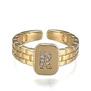 Brass Micro Pave Clear Cubic Zirconia Cuff Rings, Open Rings, Cadmium Free & Lead Free, Rectangle, Golden, Letter.R, US Size 6 1/4, Inner Diameter: 16.8mm(RJEW-H538-02G-R)