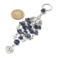 Flat Round with Eye Alloy Pendant Keychains, with Natural Lapis Lazuli Chip Beads and Cross Charms, for Women Bag Car Key Pendant Decoration, 15.2x2.9cm(KEYC-JKC00544-03)