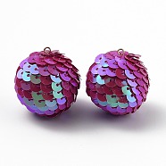 Sparkly Paillette Plastic Pendant Decorations, AB Color Plated, Ball Shape, Fuchsia, 30x29mm, Hole: 2mm(FIND-H211-B-02)