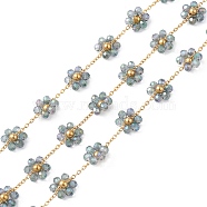 Flower Glass Beaded Chains, Unwelded, with 304 Stainless Steel Link Chains, Golden, Slate Gray, 2~9.5x1.5~10.5x0.3~3.5mm(CHS-P016-41G)