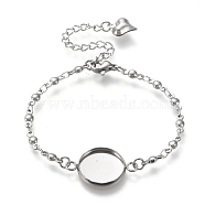 304 Stainless Steel Bracelet Making, with Lobster Claw Clasps and Flat Round Cabochon Settings, Stainless Steel Color, Tray: 14mm, 6-1/8 inch(15.5cm)(STAS-L248-001P-B)