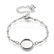 Tarnish Resistant 304 Stainless Steel Bracelet Making, with Lobster Claw Clasps and Flat Round Cabochon Settings, Stainless Steel Color, Tray: 14mm, 6-1/8 inch(15.5cm)(STAS-L248-001P-B)