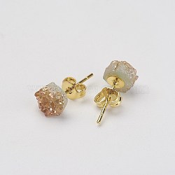Druzy Quartz Crystal Stud Earrings, with Brass Findings, Golden, 16~18x7~8mm, pin: 0.8mm(X-EJEW-F082-02G)
