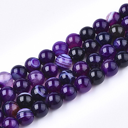 Natural Striped Agate/Banded Agate Bead Strands, Dyed, Round, Purple, 6mm, Hole: 1.5mm, about 63pcs/strand, 15.15 inch(G-T046-6mm-B01)