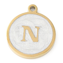 Ion Plating(IP) 201 Stainless Steel Pendants, with White Enamel, Real 18K Gold Plated, Flat Round with Letter, Letter N, 18.5x15.5x2mm, Hole: 1.6mm(STAS-K288-02G-N)