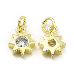 Brass Micro Pave Cubic Zirconia Charms, with Jump Ring, Sun Charm, Golden, 11x8.5x3mm, Hole: 2.5mm(KK-E068-VB238)