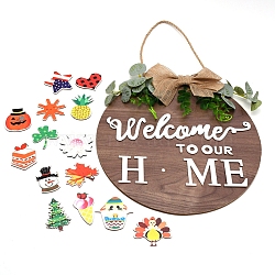 Natural MDF Board Door Hanging Decoration for Front Door Decoration, with Hemp Rope, Flat Round with Bowknot & Word Welcome To Our Home, Coconut Brown, 4.4~45x3.5~29x0.15~1.8cm, 15pcs/set(HJEW-SZC0001-01)